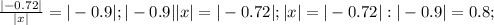 \frac{|-0.72|}{|x|} =|-0.9|;&#10;|-0.9||x|=|-0.72|;&#10;|x|=|-0.72|:|-0.9|=0.8; &#10;&#10;