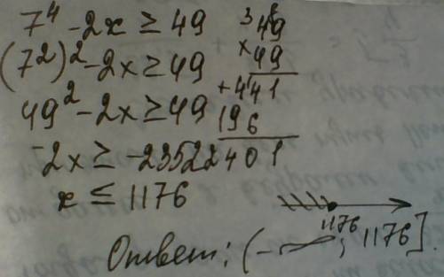 Подробно .решением неравенства 7^4-2x > или равно 49 является множество.. (там промежуток нужно )