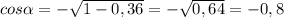 cos \alpha = -\sqrt{1-0,36} =- \sqrt{0,64} =-0,8