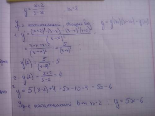 Составить уравнение касательной к графику функции y=x+2/3-x в точке с абциссой x0=2