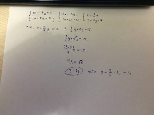 Решить систему 4x - 3y = 0 3x + 2y = 17 . с