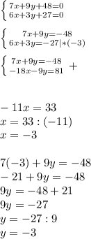 \left \{ {{7x+9y+48=0} \atop {6x+3y+27=0}} \right.\\\\ \left \{ {{7x+9y=-48} \atop {6x+3y=-27|*(-3)}} \right.\\\\ \left \{ {{7x+9y=-48} \atop {-18x-9y=81}} \right. +\\\\ \\-11x=33\\x=33:(-11)\\x=-3\\\\7(-3)+9y=-48\\-21+9y=-48\\9y=-48+21\\9y=-27\\y=-27:9\\y=-3