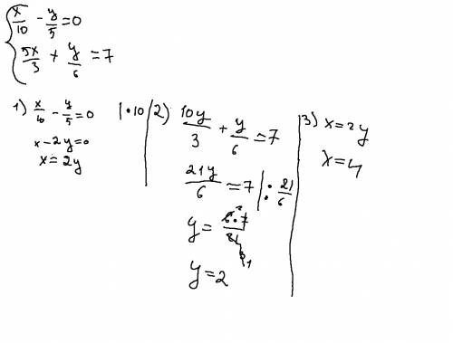 Решить систему уравнений подстановки(6 класс): х/10-у/5=0 5х/3+у/6=7