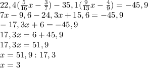 22,4( \frac{5}{16} x- \frac{3}{7} )-35,1( \frac{9}{13}x- \frac{4}{9} )=-45,9 \\ 7x-9,6-24,3x+15,6=-45,9 \\ -17,3x+6=-45,9 \\ 17,3x=6+45,9 \\ 17,3x=51,9 \\ x=51,9:17,3 \\ x=3