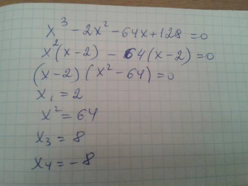 Х3-2х2-64х+128=0 решить.(если кому не понятно, то икс в третий степени минус два икс в квадрате мину