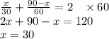 \frac x{30}+\frac{90-x}{60}=2\;\;\;\times60\\2x+90-x=120\\x=30