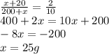 \frac{x+20}{200 +x} = \frac{2}{10} \\ 400 + 2x = 10x + 200 \\ -8x = -200 \\ x=25 g