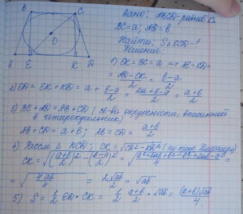 Равнобокая трапеция с основаниями a и b описана около окружности. через конец верхнего основания и ц