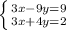 \left \{ {{3x-9y=9} \atop 3x+4y=2}} \right.