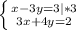 \left \{ {{x-3y=3 | *3} \atop {3x+4y=2}} \right.