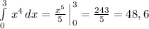 \int\limits^3_0\, {x^4}\, dx=\frac{x^5}{5}\, \Big |_0^3=\frac{243}{5}=48,6