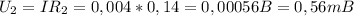 U_{2} = I R_{2} = 0,004*0,14=0,00056B= 0,56mB