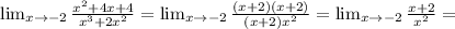 \lim_{x\to -2}\frac{x^2+4x+4}{x^3+2x^2}=\lim_{x\to-2}\frac{(x+2)(x+2)}{(x+2)x^2}=\lim_{x\to-2}\frac{x+2}{x^2}=