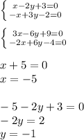 \left \{ {{x-2y+3=0} \atop {-x+3y-2=0}} \right. \\ \\ \left \{ {{3x-6y+9=0} \atop {-2x+6y-4=0}} \right. \\ \\ x+5=0 \\ x=-5 \\ \\ -5-2y+3=0 \\ -2y=2 \\ y=-1