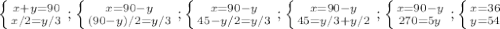 \left \{ {{x + y=90} \atop {x/2=y/3}} \right.;\left \{ {{x=90-y} \atop {(90-y)/2=y/3}} \right.;\left \{ {{x=90-y} \atop {45 - y/2=y/3}} \right.;\left \{ {{x=90-y} \atop {45=y/3+y/2}} \right.;\left \{ {{x=90-y} \atop {270=5y}} \right.;\left \{ {{x=36} \atop {y=54}} \right.