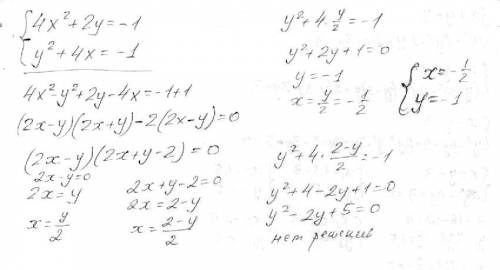 Решить систему рациональных уравнений, методом сложения. 4x²+2y=-1 y²+4x=-1