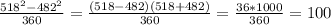 \frac{518^2-482^2}{360} = \frac{(518-482)(518+482)}{360} = \frac{36*1000}{360} =100