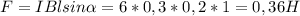 F=IBlsin \alpha =6*0,3*0,2*1=0,36H