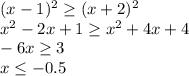 (x-1)^{2} \geq (x+2)^{2} \\ &#10; x^{2} -2x+1 \geq x^{2} +4x+4 \\ &#10;-6x \geq 3 \\ &#10;x \leq -0.5&#10;