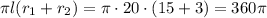 \pi l(r_1+r_2)= \pi \cdot 20\cdot (15+3)=360 \pi