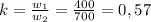 k= \frac{ w_{1} }{w_{2} } = \frac{400}{700} =0,57