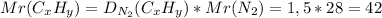 Mr(C_xH_y)=D_{N_2}(C_xH_y)*Mr(N_2)=1,5*28=42