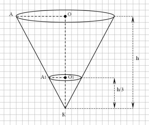 Всосуде, имеющем форму конуса , уровень жидкости достигает 1/3 высоты. обьем жидкости 50 мл. сколько