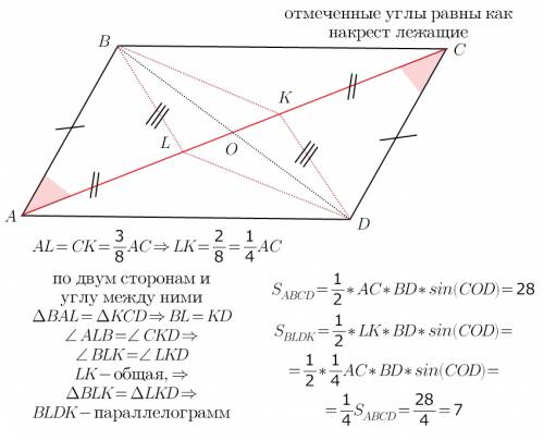 На диагонали ас параллелограмма abcd взяты точки l и k так, что al = ck = 3/8ac. найдите площадь чет