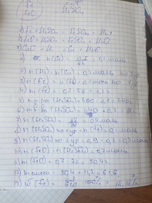 На расстворение смеси железа и оксида железа израсходовали 400 мл 20 % рра h2so4 (ро равна 1.1г/мл)