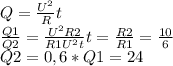 Q= \frac{ U^{2} }{R} t \\ \frac{Q1}{Q2}=\frac{ U^{2}R2 }{R1 U^{2}t} t= \frac{R2}{R1}= \frac{10}{6} \\ Q2=0,6*Q1 =24