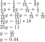 \frac{1}{2}y - \frac{1}{3} = \frac{5}{18} - \frac{8}{9}y&#10; \\ \frac{1}{2}y + \frac{8}{9}y = \frac{5}{18} + \frac{1}{3}&#10; \\ \frac{9}{18}y + \frac{16}{18}y = \frac{5}{18} + \frac{6}{18}&#10; \\ \frac{25}{18}y = \frac{11}{18} |*18&#10; \\ 25y = 11&#10; \\ y = \frac{11}{25} &#10; \\ y= 0.44