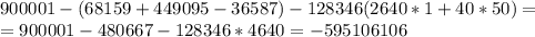 900001-(68159+449095-36587)-128346 (2640*1+40*50)= \\ =900001-480667-128346*4640=-595106106