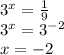 3^x= \frac{1}{9} \\ 3^x=3^{-2} \\ x=-2