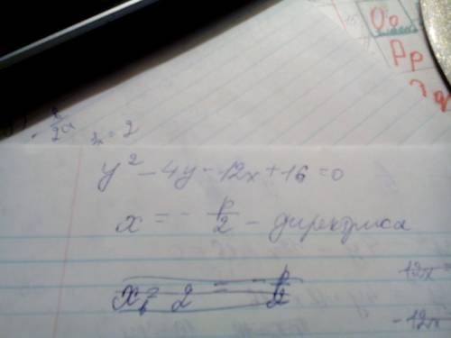 Составить уравнение директрисы параболы у^2-4y-12x+16=0. ответ должен получится x=-2.