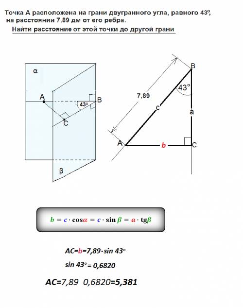 Точка a расположена на грани двугранного угла, равного 43 градуса, на расстоянии 7,89 дм от его ребр