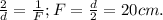 \frac{2}{d}= \frac{1}{F} ; F= \frac{d}{2}=20 cm.