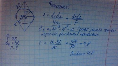 Периметр ромба равен 80 см, а одно из диагоналей 332 см.найдите радиус вписанной в ромб ) *=)