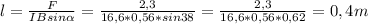 l= \frac{F}{IBsin \alpha } = \frac{2,3}{16,6*0,56*sin38}=\frac{2,3}{16,6*0,56*0,62}=0,4m