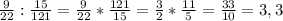 \frac{9}{22} : \frac{15}{121}= \frac{9}{22}* \frac{121}{15}= \frac{3}{2}* \frac{11}{5}= \frac{33}{10}=3,3