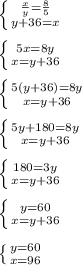 \left \{ {{ \frac{x}{y} = \frac{8}{5} } \atop {y+36=x}} \right. \\ \\ \left \{ {{5x=8y} \atop {x=y+36}} \right. \\ \\ \left \{ {{5(y+36)=8y} \atop {x=y+36}} \right. \\ \\ \left \{ {{5y+180=8y} \atop {x=y+36}} \right. \\ \\ \left \{ {{180=3y} \atop {x=y+36}} \right. \\ \\ \left \{ {{y=60} \atop {x=y+36}} \right. \\ \\ \left \{ {{y=60} \atop {x=96}} \right. \\ \\