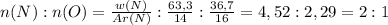 n(N):n(O)=\frac{w(N)}{Ar(N)}:\frac{63,3}{14}:\frac{36,7}{16}=4,52:2,29=2:1