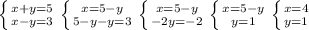 \left \{ {{x+y=5} \atop {x-y=3}} \right. \left \{ {{x=5-y} \atop {5-y-y=3}} \right. \left \{ {{x=5-y} \atop {-2y=-2}} \right. \left \{ {{x=5-y} \atop {y=1}} \right. \left \{ {{x=4} \atop {y=1}} \right.