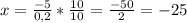 x= \frac{-5}{0,2} * \frac{10}{10} = \frac{-50}{2} = -25