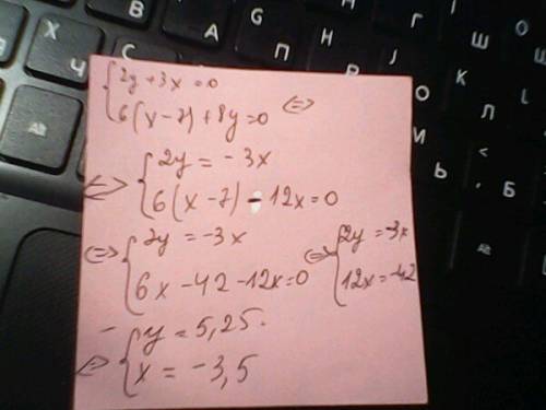 Решить систему уравнений. {2y+3x=0 {6(x-7)+8y=0