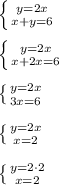 \left \{ {{y=2x} \atop {x+y=6}} \right. \\ \\ \left \{ {{y=2x} \atop {x+2x=6}} \right. \\ \\ \left \{ {{y=2x} \atop {3x=6}} \right. \\ \\ \left \{ {{y=2x} \atop {x=2}} \right. \\ \\ \left \{ {{y=2\cdot2} \atop {x=2}} \right. \\ \\