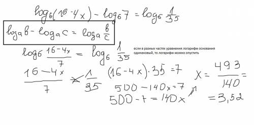 Log маленькая 6 ( 16-4х)-log маленькая 6 7=log маленькая 6 1/35