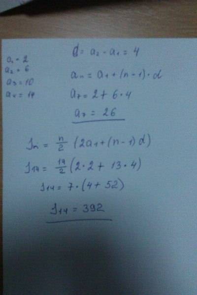 1, найдите седьмой член и сумму четырнадцати первых членов арифметической прогрессии, если первые че