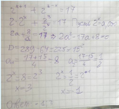 2^x+1 + 2^3-x = 17 . розв'язати рівняння.