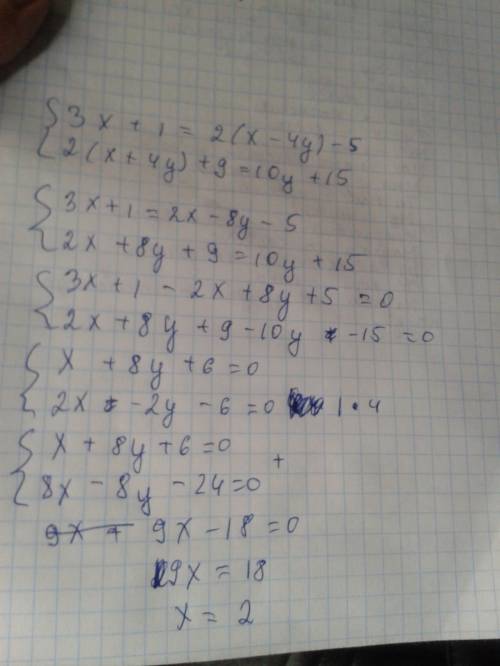 Решите систему уравнений 3х+1=2(х-4у)-5, 2(х+4у)+9=10у+15.