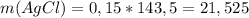 m(AgCl)=0,15*143,5=21,525